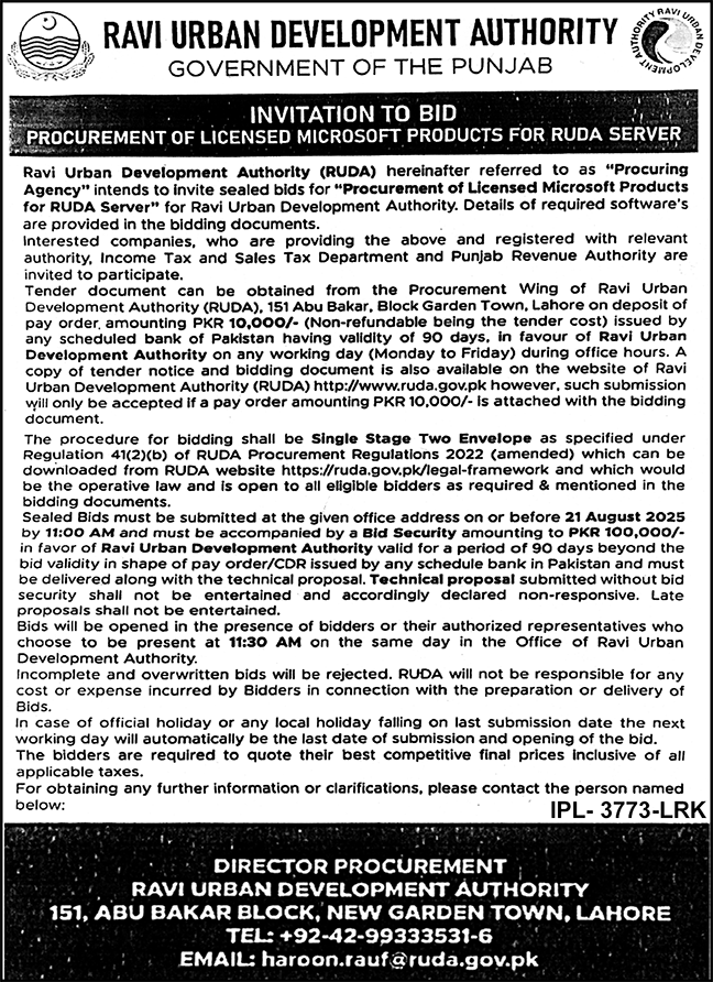 Ravi Urban Development Authority Lahore Tender Notice